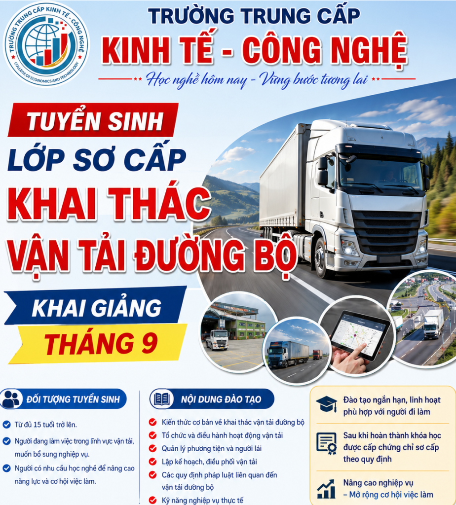 THÔNG BÁO TUYỂN SINH LỚP SƠ CẤP KHAI THÁC VẬN TẢI ĐƯỜNG BỘ 2026
